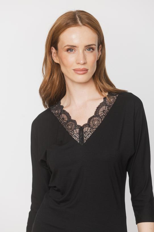 Black knit blouse with lace at the neckline - 4