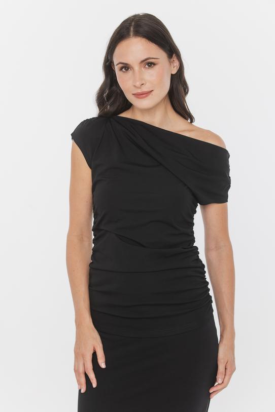 Czarna dzianinowa bluzka z marszczeniem i dekoltem woda - 3