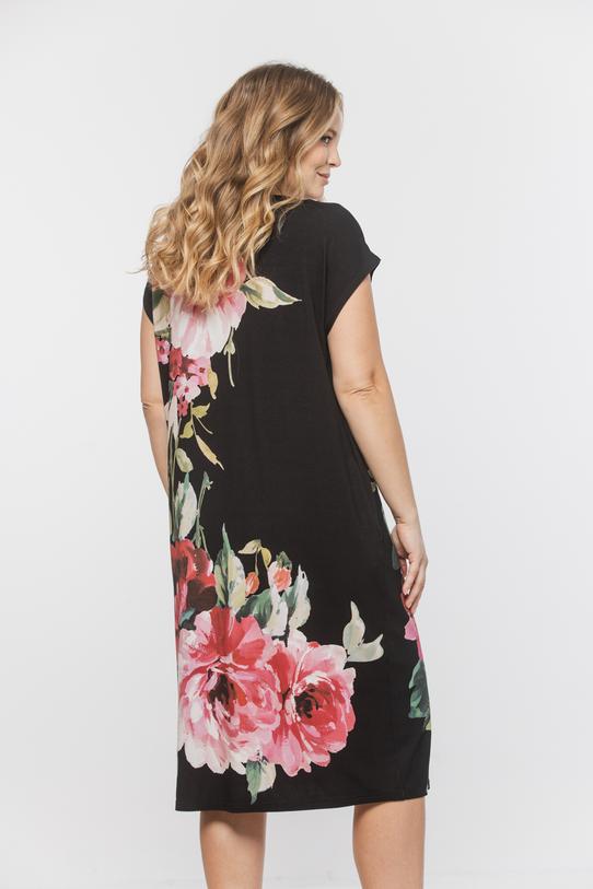 Czarna dzianinowa sukienka w różowe kwiaty - 3