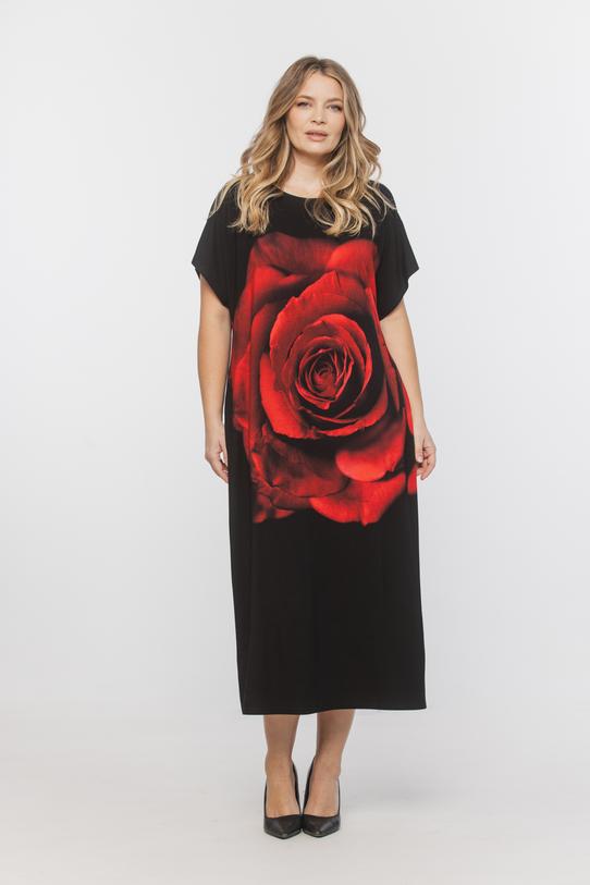 Wizualizacja Czarna dzianinowa sukienka z nadrukiem czerwonej róży