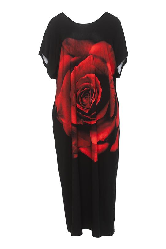 Czarna dzianinowa sukienka z nadrukiem czerwonej róży - 1