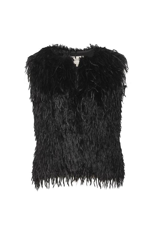 Czarna krótka kamizelka z tkaniny z długim włosem - 1