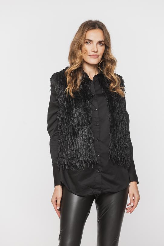 Czarna krótka kamizelka z tkaniny z długim włosem - 2