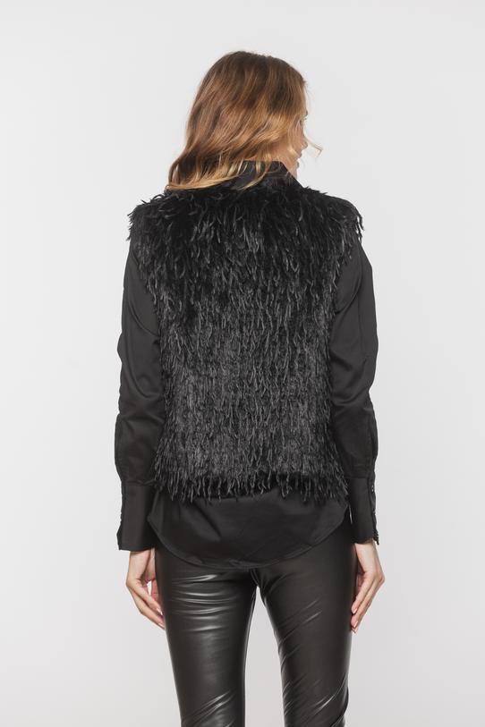 Czarna krótka kamizelka z tkaniny z długim włosem - 3