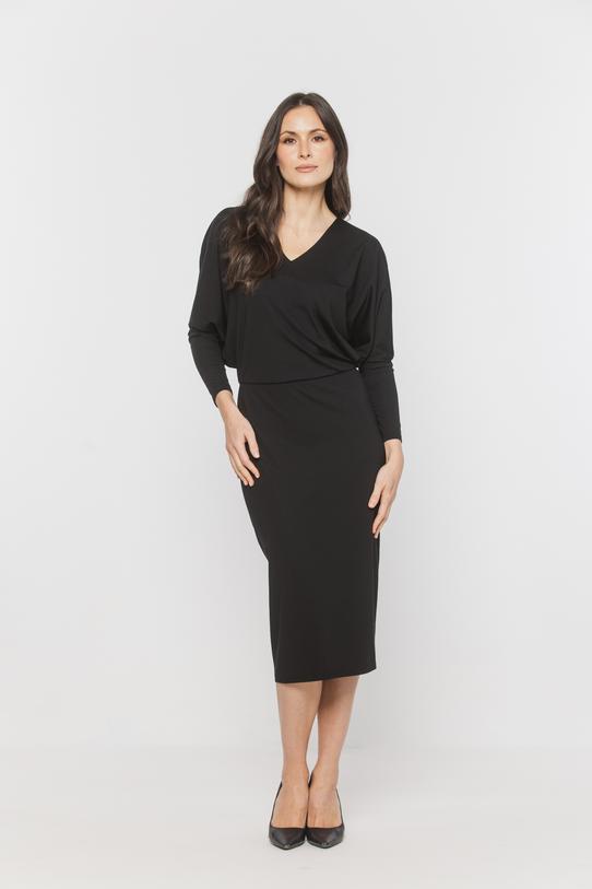 Wizualizacja Czarna dopasowana sukienka za kolano z nietoperzowym rękawem