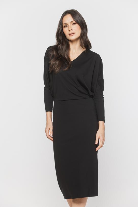 Czarna dopasowana sukienka za kolano z nietoperzowym rękawem - 2