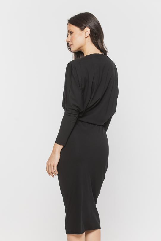 Czarna dopasowana sukienka za kolano z nietoperzowym rękawem - 3