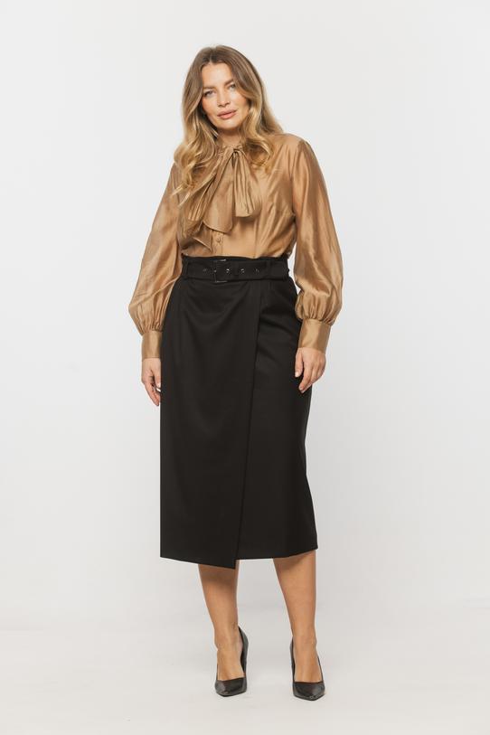 Wizualizacja Czarna spódnica za kolano z eleganckim zakładanym przodem