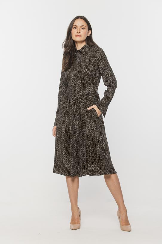 Wizualizacja Czarna sukienka wiskozowa w kropeczki z ozdobnym mankietem