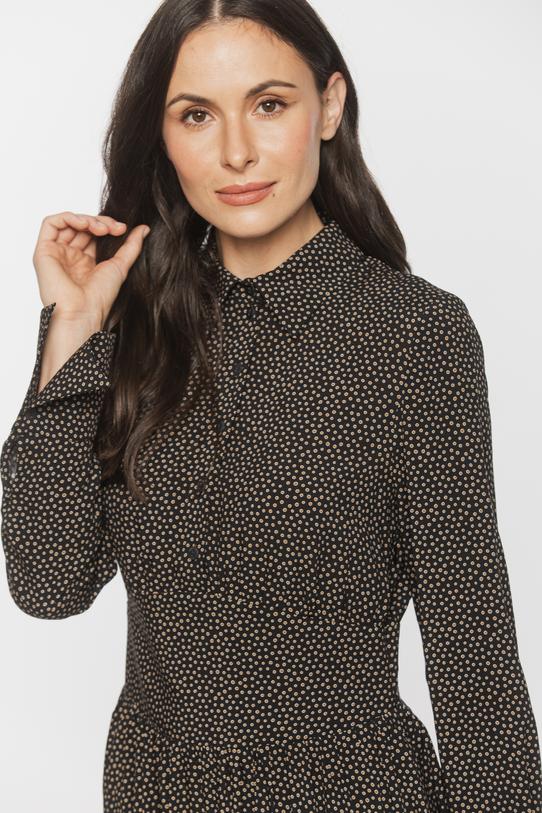 Czarna sukienka wiskozowa w kropeczki z ozdobnym mankietem - 4