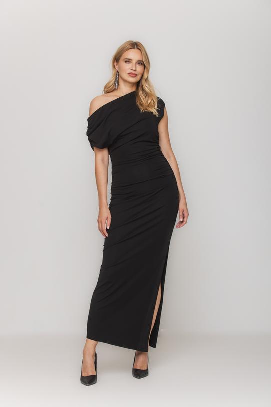 Wizualizacja Czarna zmysłowa sukienka z drapowaniem i dekoltem typu woda