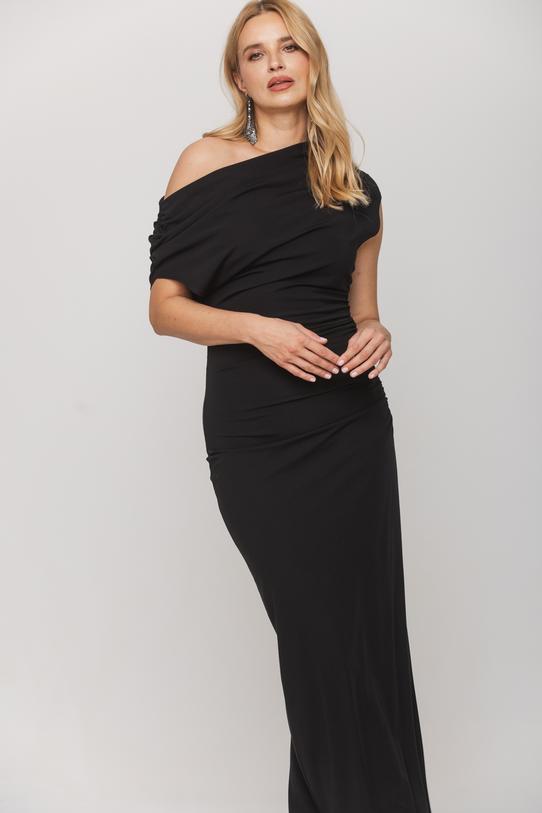 Czarna zmysłowa sukienka z drapowaniem i dekoltem typu woda - 2