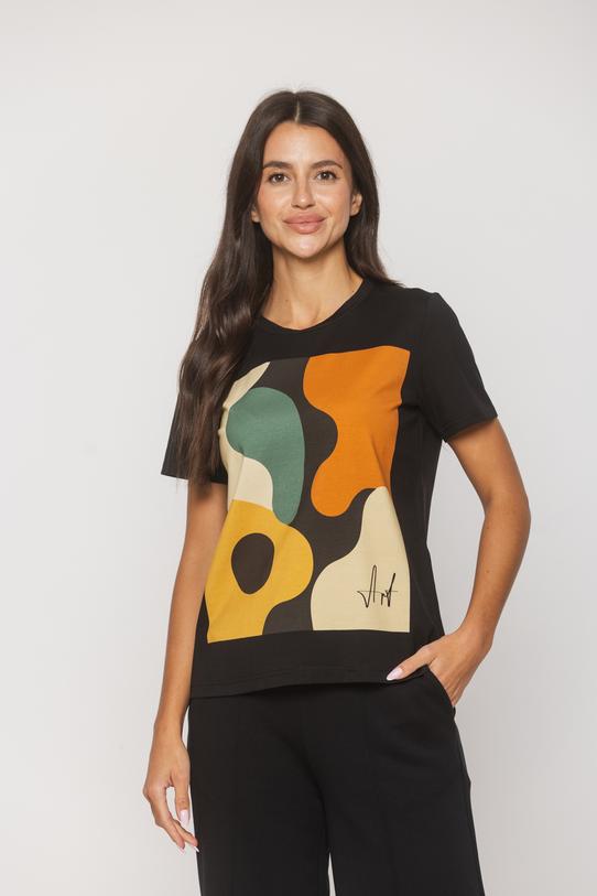 Czarny bawełniany t-shirt z artystycznym kolorowym nadrukiem - 1