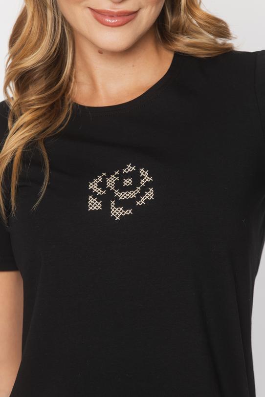 Czarny bawełniany t-shirt z ręcznie wyszywaną różą - 5