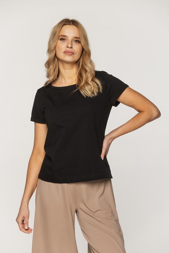 Czarny bawełniany t-shirt z wywijanym rękawem