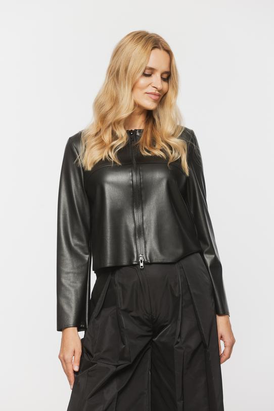 Czarny krótki żakiet z imitacji skóry zapinany na suwak - 2