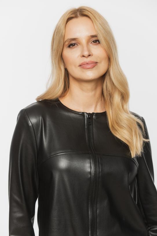 Czarny krótki żakiet z imitacji skóry zapinany na suwak - 4