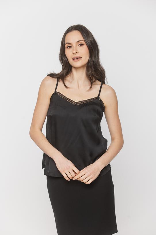Czarny top z koronką z wiskozowej satyny - 2