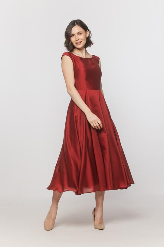 Wizualizacja Czerwona zwiewna sukienka midi z kieszeniami
