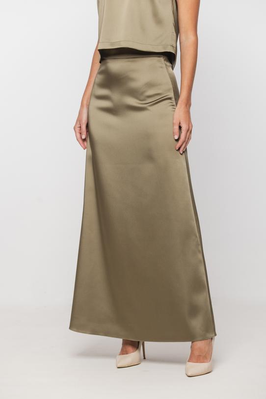 Długa oliwkowa spódnica z eleganckiej satyny - 2