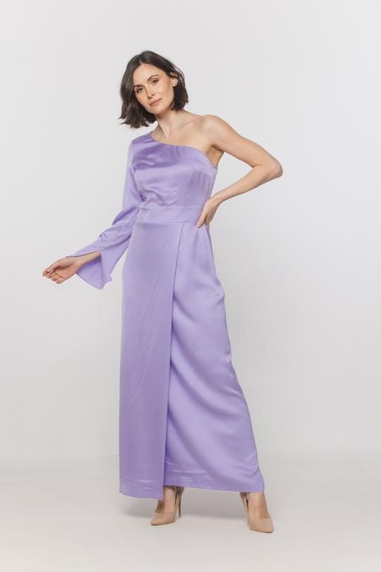 Wizualizacja Długa satynowa sukienka z odkrytym ramieniem