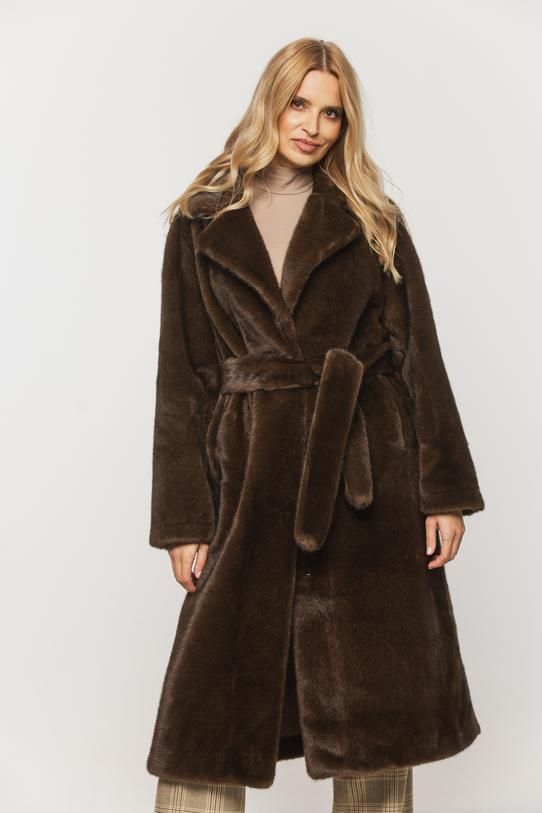 Długie syntetyczne futro z klasycznym kołnierzem i haftkami - 3