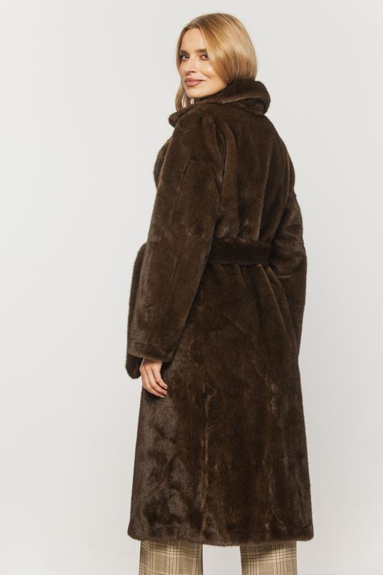 Długie syntetyczne futro z klasycznym kołnierzem i haftkami - 4