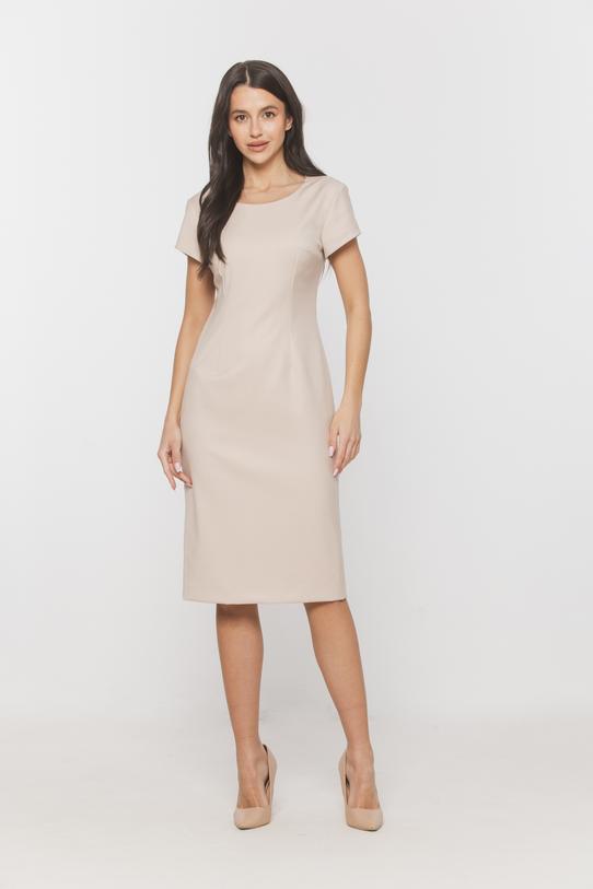 Wizualizacja Dopasowana klasyczna beżowa sukienka z krótkim rękawkiem