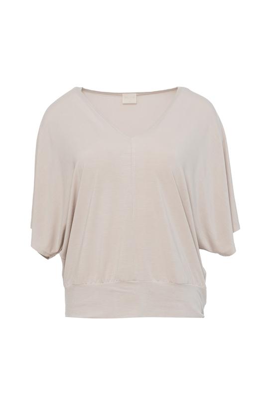 Dzianinowa beżowa bluzka ze ściągaczem w talii - 1