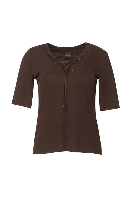 Dzianinowa bluzka w brązowym odcieniu ze sznurowaniem - 1