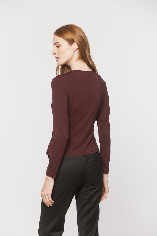 A burgundy knitted blouse with a wrap neckline and ruffles down the side - 4