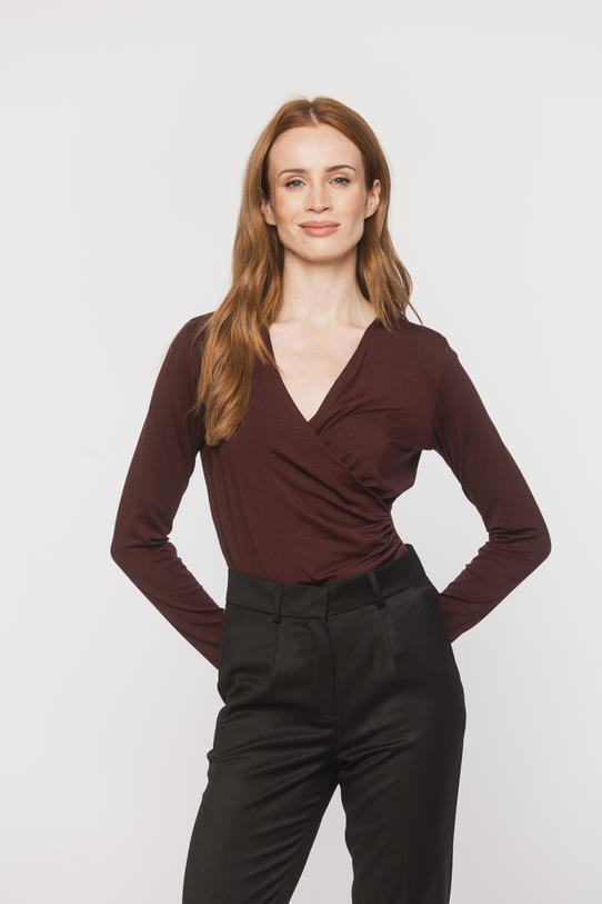 A burgundy knitted blouse with a wrap neckline and ruffles down the side - 2