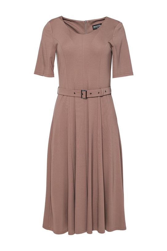 Dzianinowa jasnobrązowa sukienka o modelującym fasonie - 1