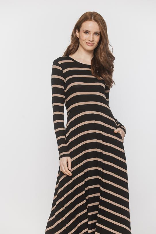 Dzianinowa jesienna sukienka w beżowe paski - 3