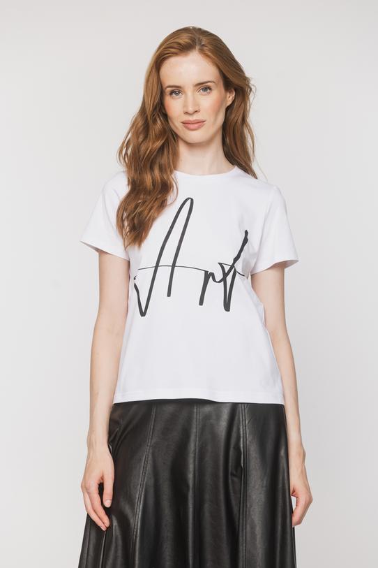Dzianinowy biały t-shirt z czarnym nadrukiem - 2