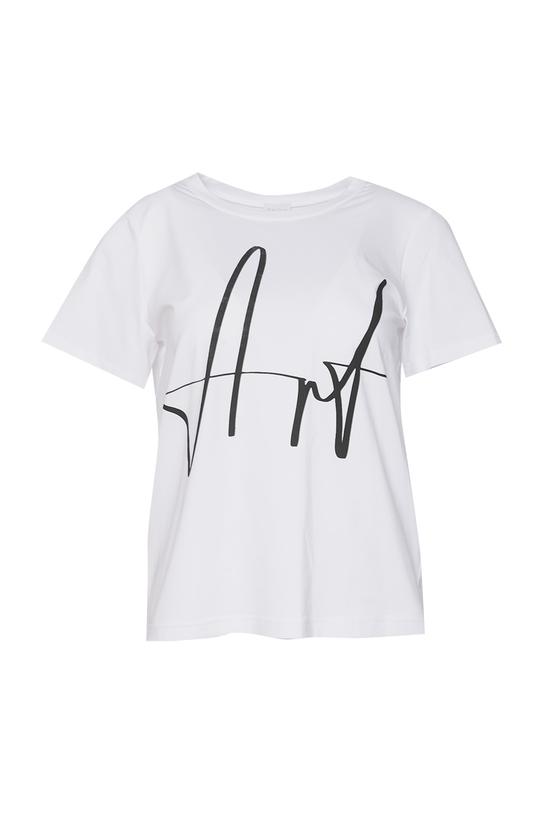 Dzianinowy biały t-shirt z czarnym nadrukiem - 1