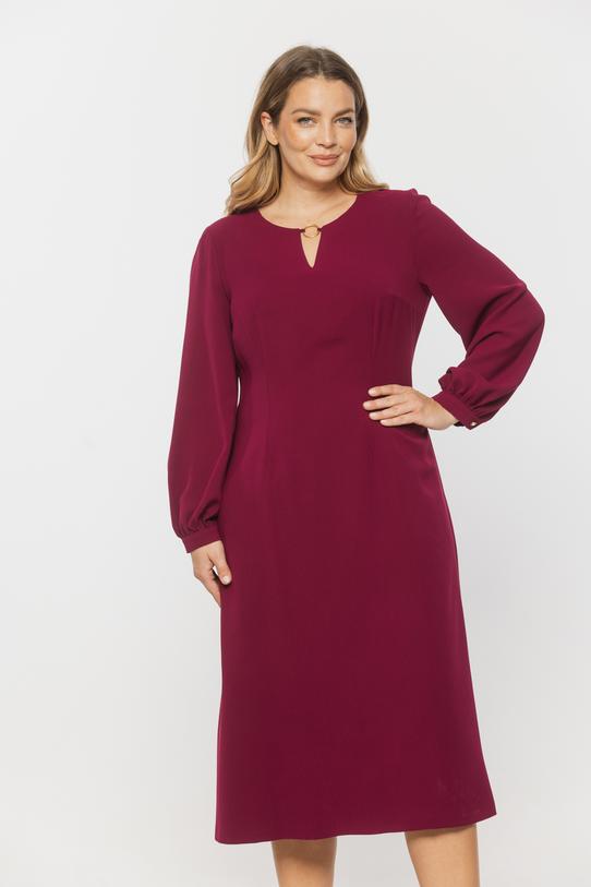 Elegancka rubinowa sukienka z długimi bufiastymi rękawami - 2
