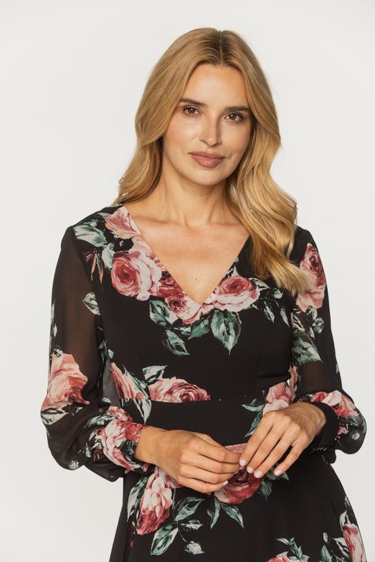 Elegancka szyfonowa sukienka z motywem róż