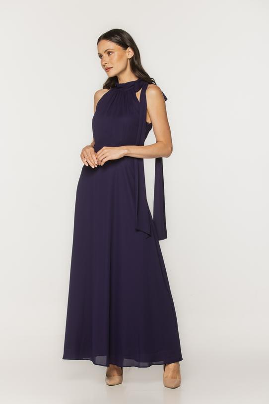 Elegancka wyjściowa sukienka ze stójką w atramentowym kolorze