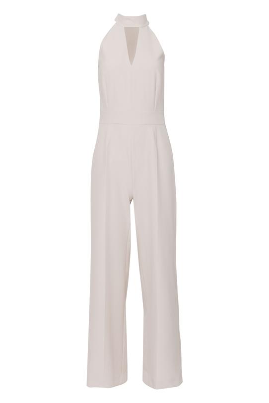 Elegancki beżowy kombinezon ze stójką i szeroką nogawką - 1