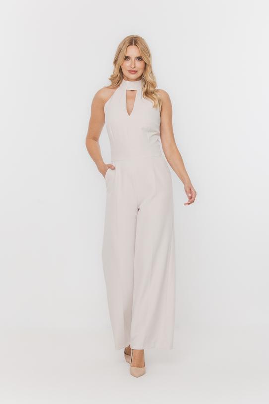 Wizualizacja Elegancki beżowy kombinezon ze stójką i szeroką nogawką