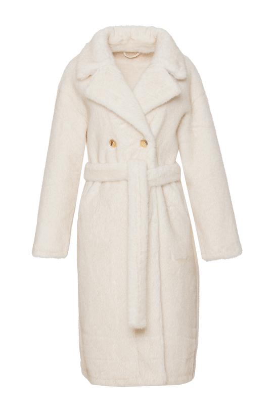 Elegancki futerkowy płaszcz ecru z wiązaniem w talii - 1