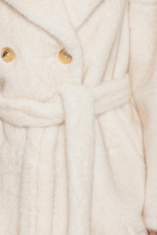 Elegancki futerkowy płaszcz ecru z wiązaniem w talii - 5