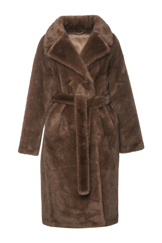 Elegancki futerkowy płaszcz kawowy z wiązaniem w talii - 1