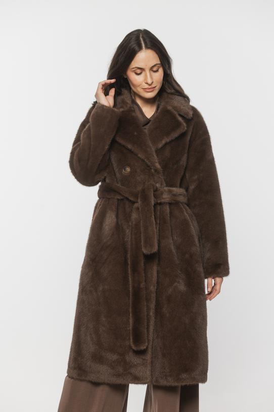 Elegancki futerkowy płaszcz kawowy z wiązaniem w talii - 2