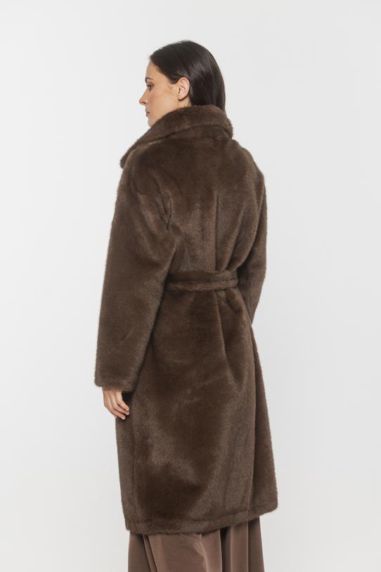 Elegancki futerkowy płaszcz kawowy z wiązaniem w talii - 3