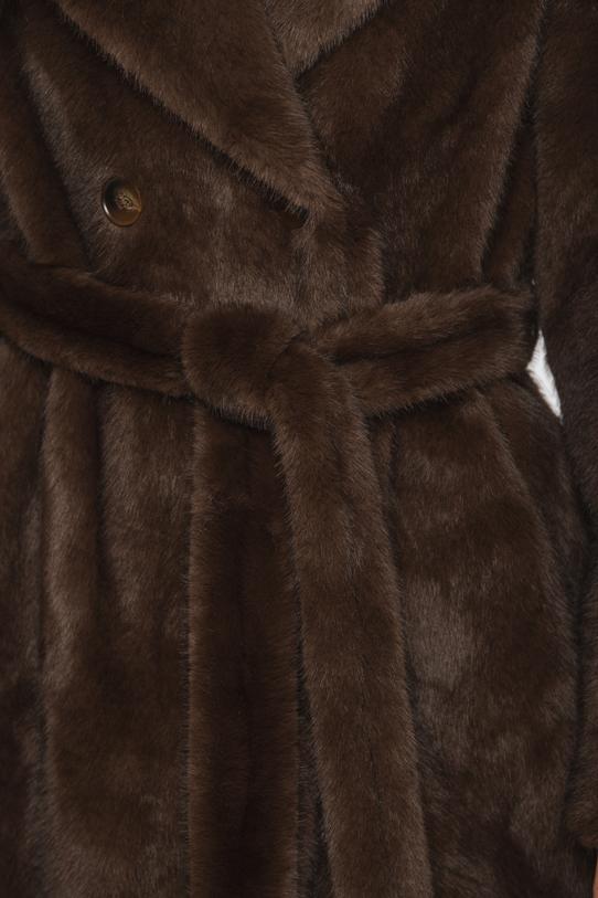 Elegancki futerkowy płaszcz kawowy z wiązaniem w talii - 6