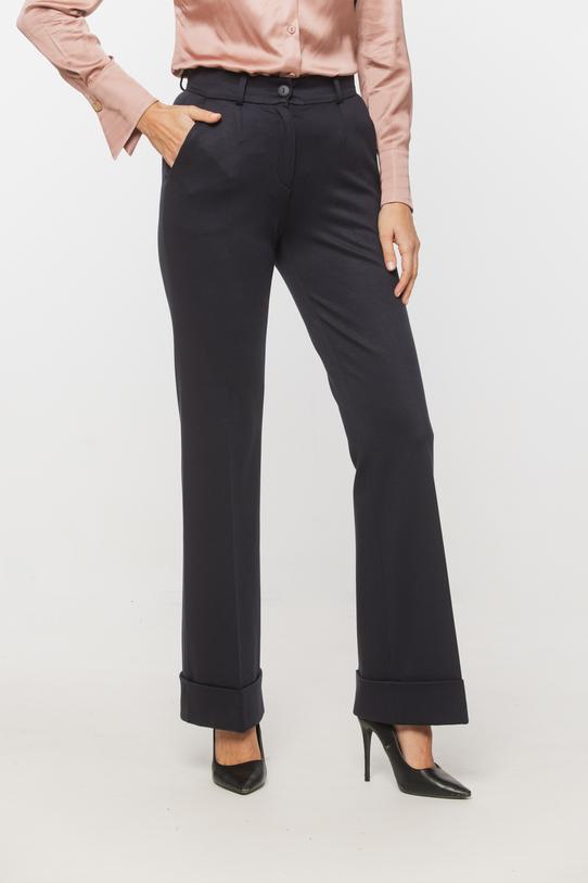 Granatowe spodnie dzwony z mankietem i kieszeniami - 2