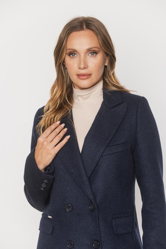 Granatowy dwurzędowy płaszcz włoskiej wełny premium - 3