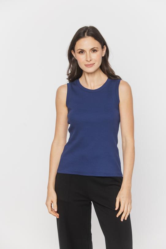 Granatowy prążkowany top z dzianiny bawełnianej - 2